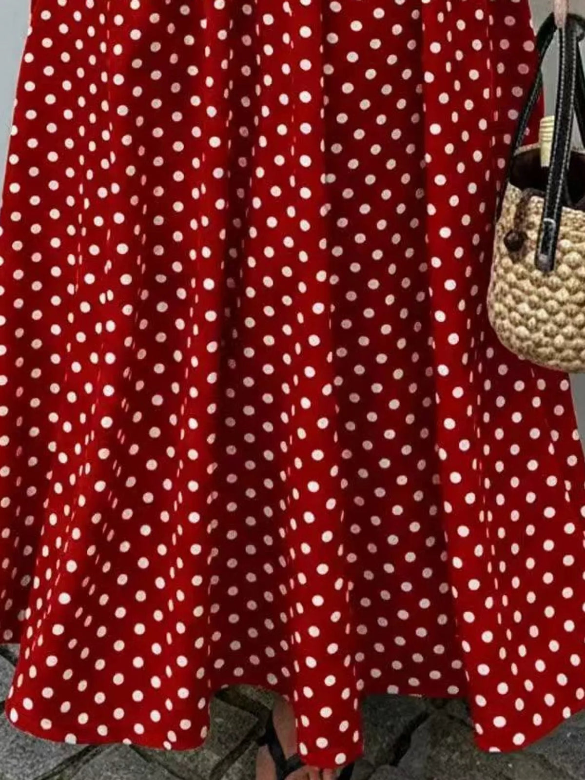 Women's Strapless Polka Dot Ruched Maxi Dress in red dots — print detail view