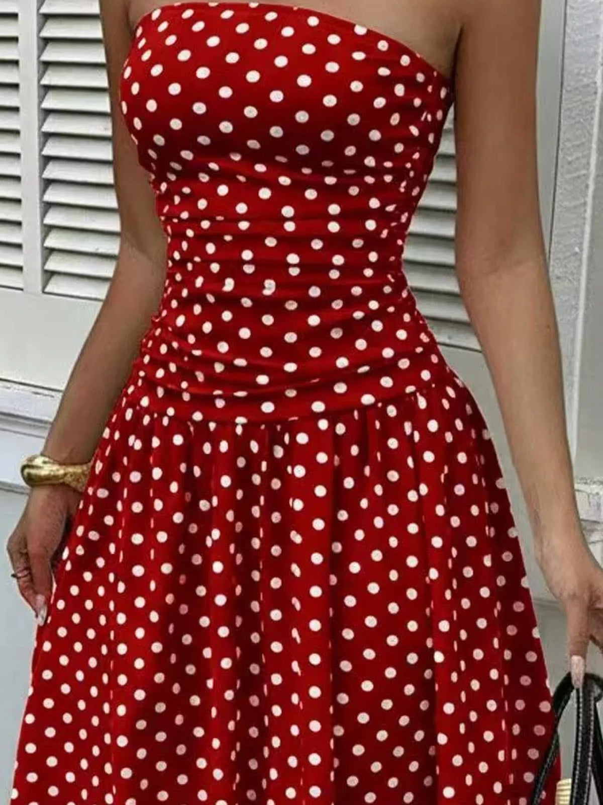 Women's Strapless Polka Dot Ruched Maxi Dress in red dots — waist detail view