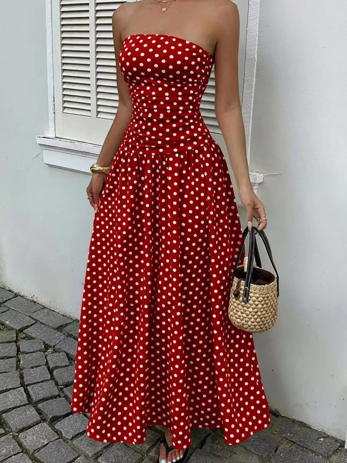 Women's Strapless Polka Dot Ruched Maxi Dress in red dots — front view