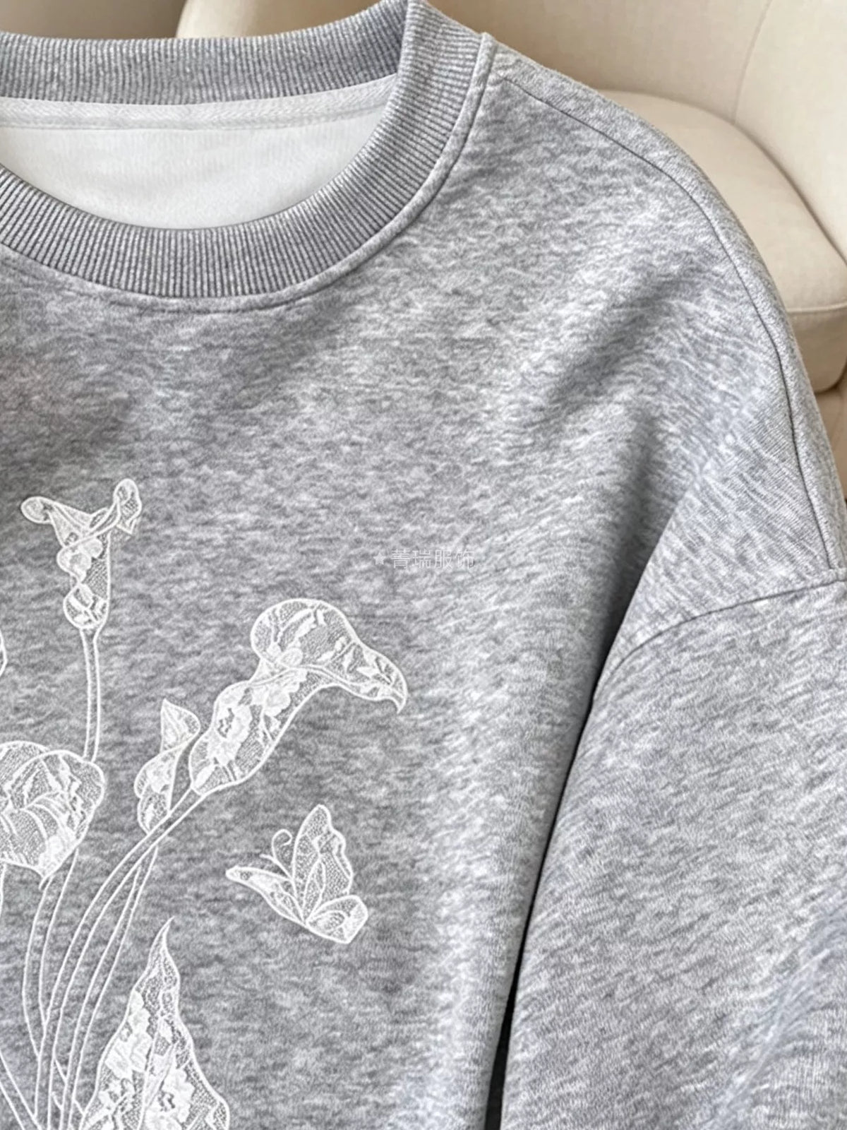Gray Floral Crew Neck Sweatshirt side view