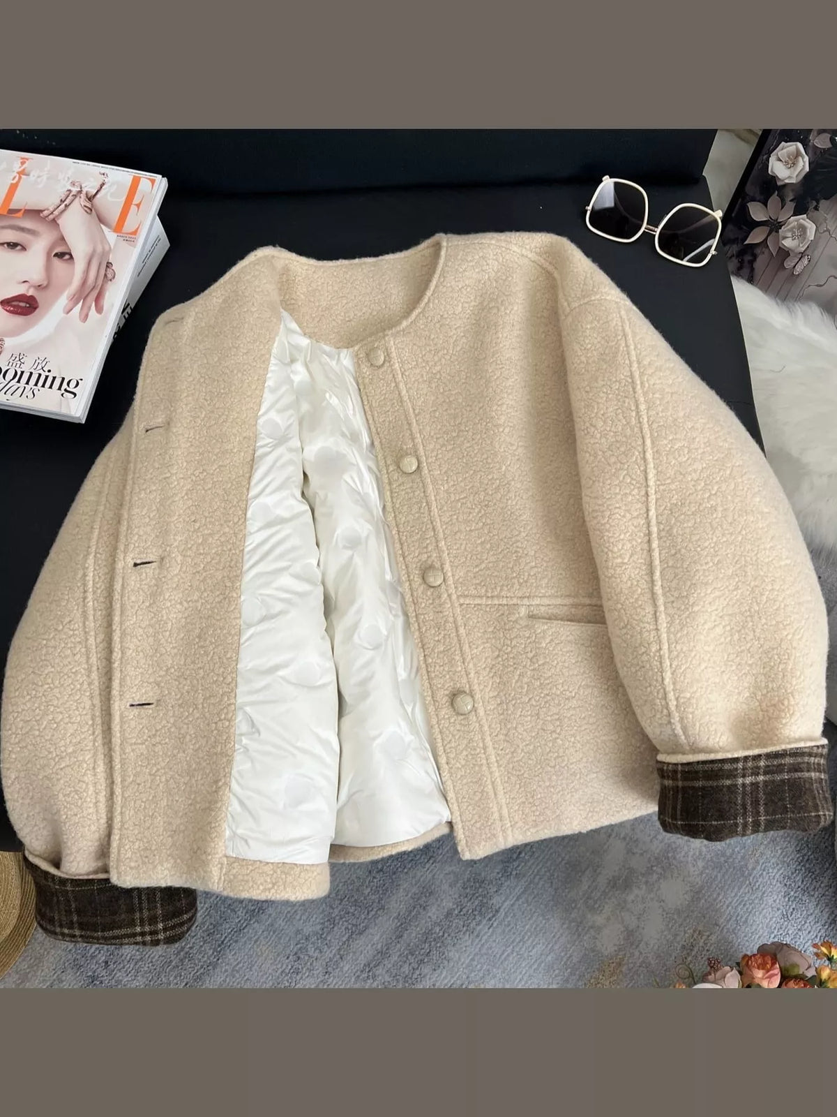 Off-White-Cotton-Padded-Thickened plaid cuffs button up jacket