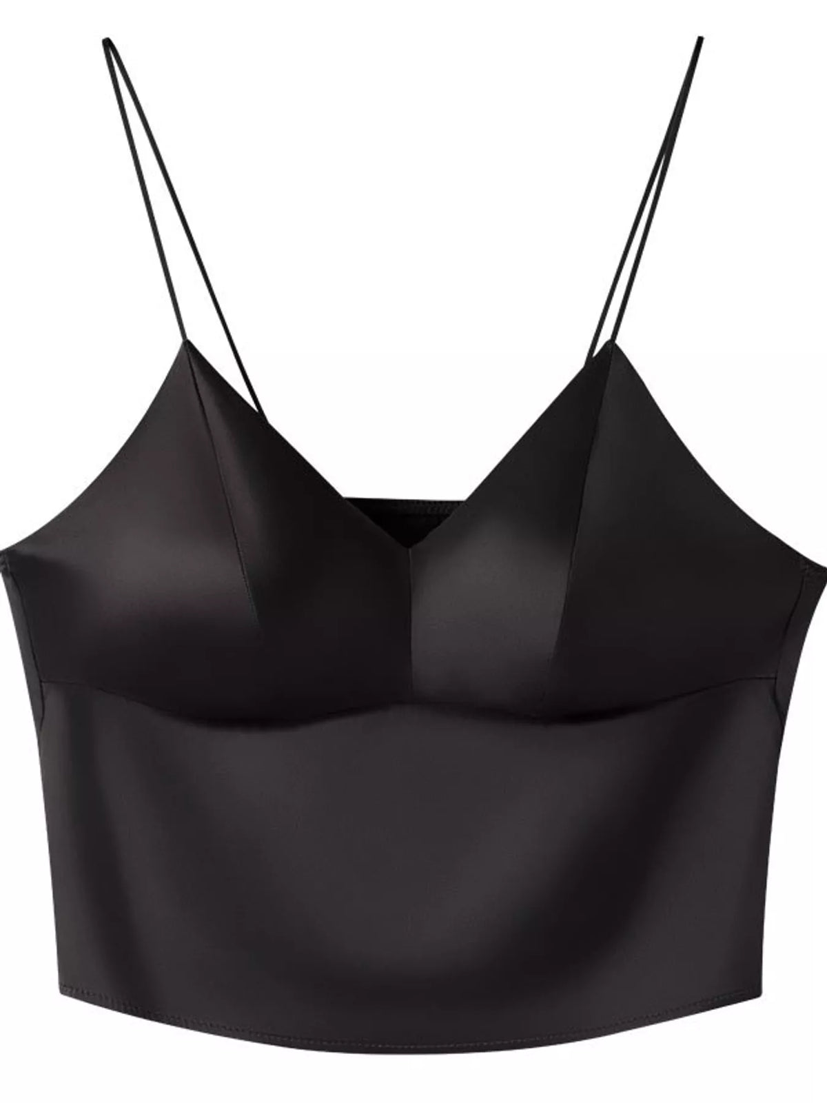 Black satin v neck cami, front view