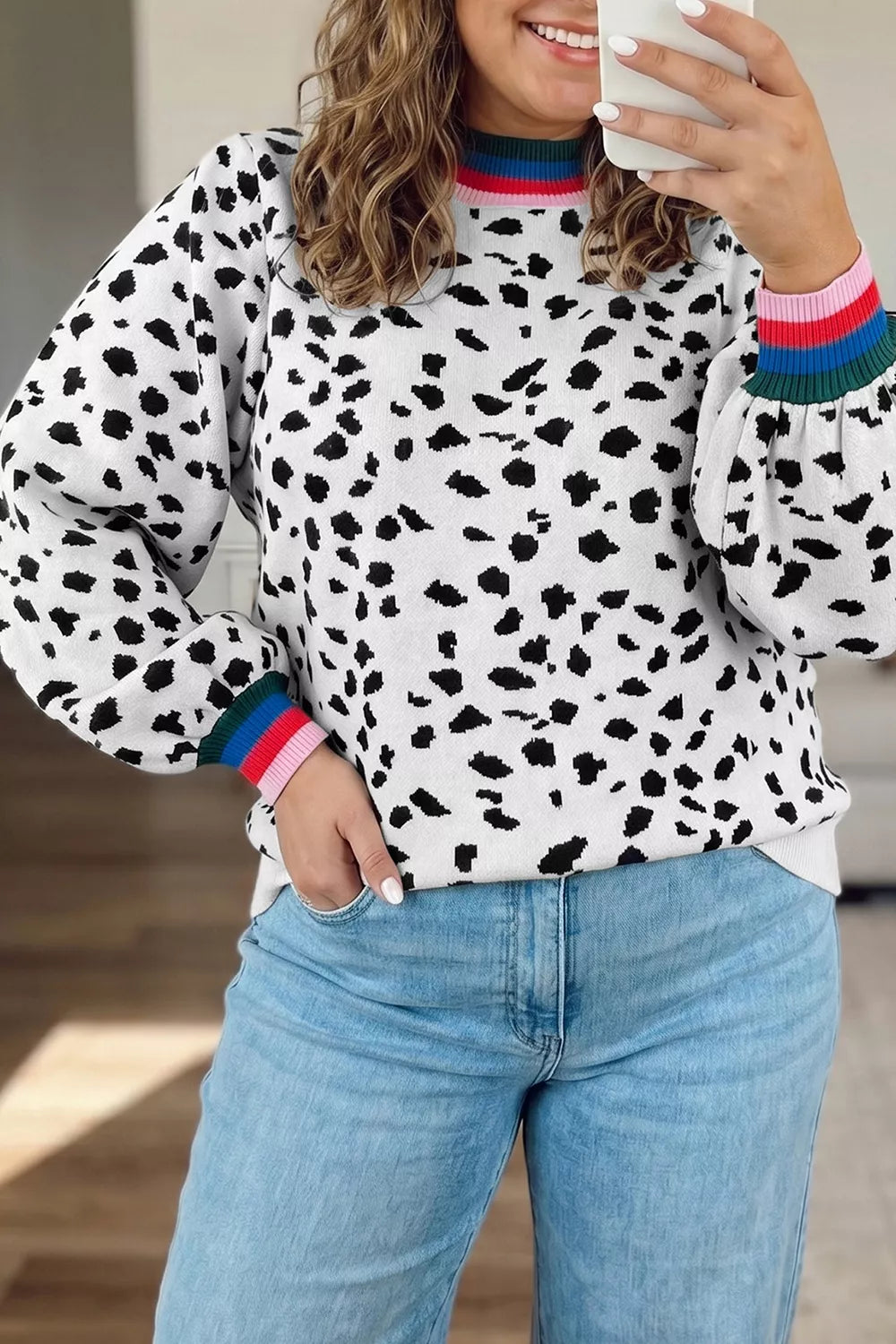 Women's leopard colorblock long sleeve tunic sweater, plus size