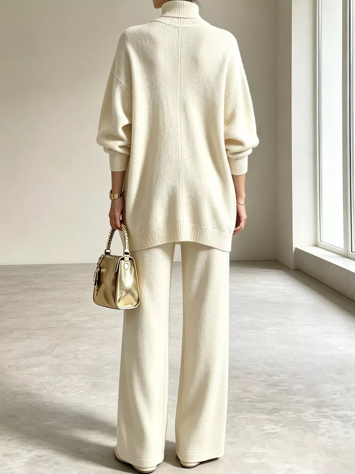 Off-White turtleneck long sleeve top and pants sweater set, back view