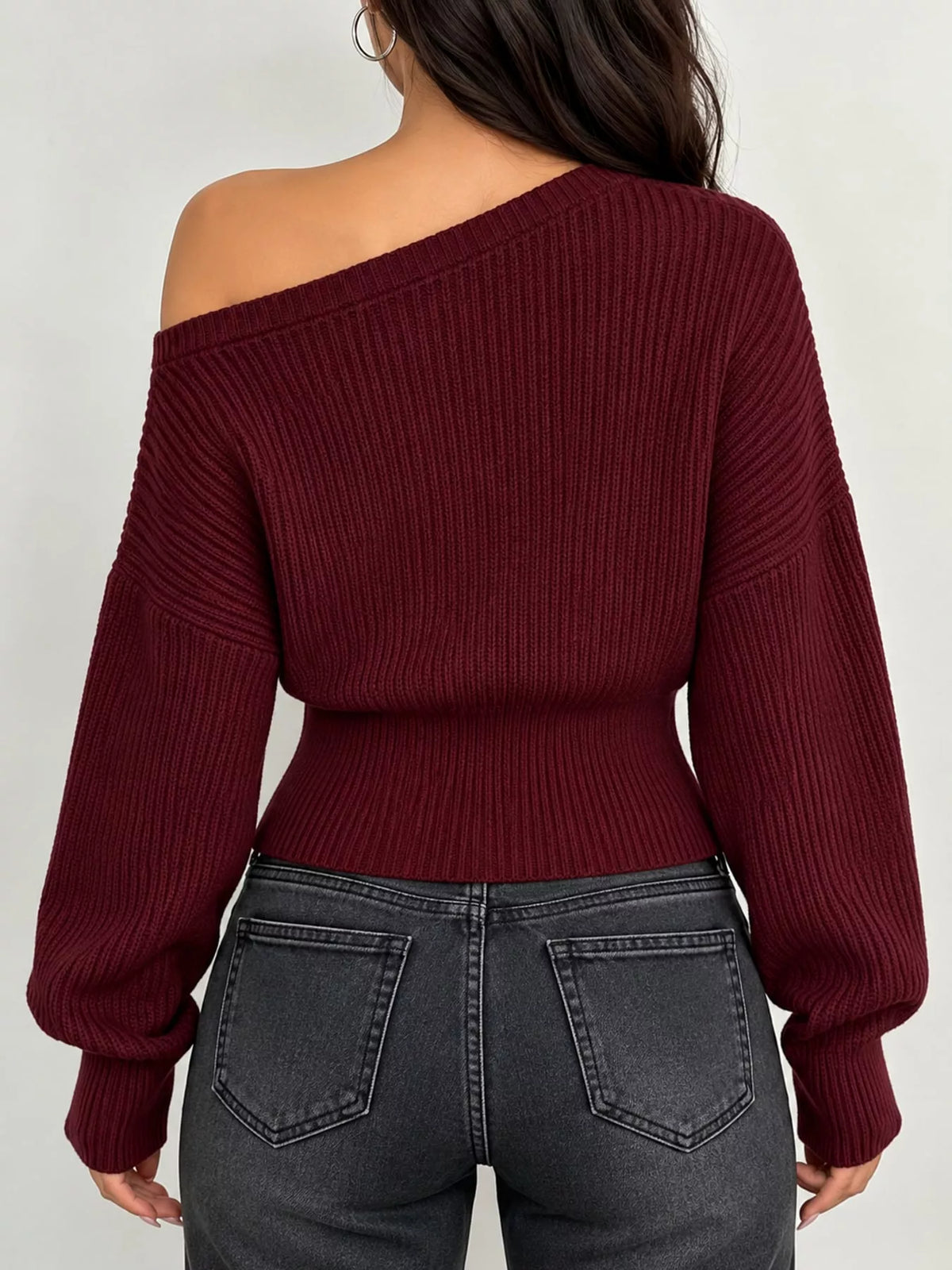 Wine Red one shoulder ribbed knit sweater, back view