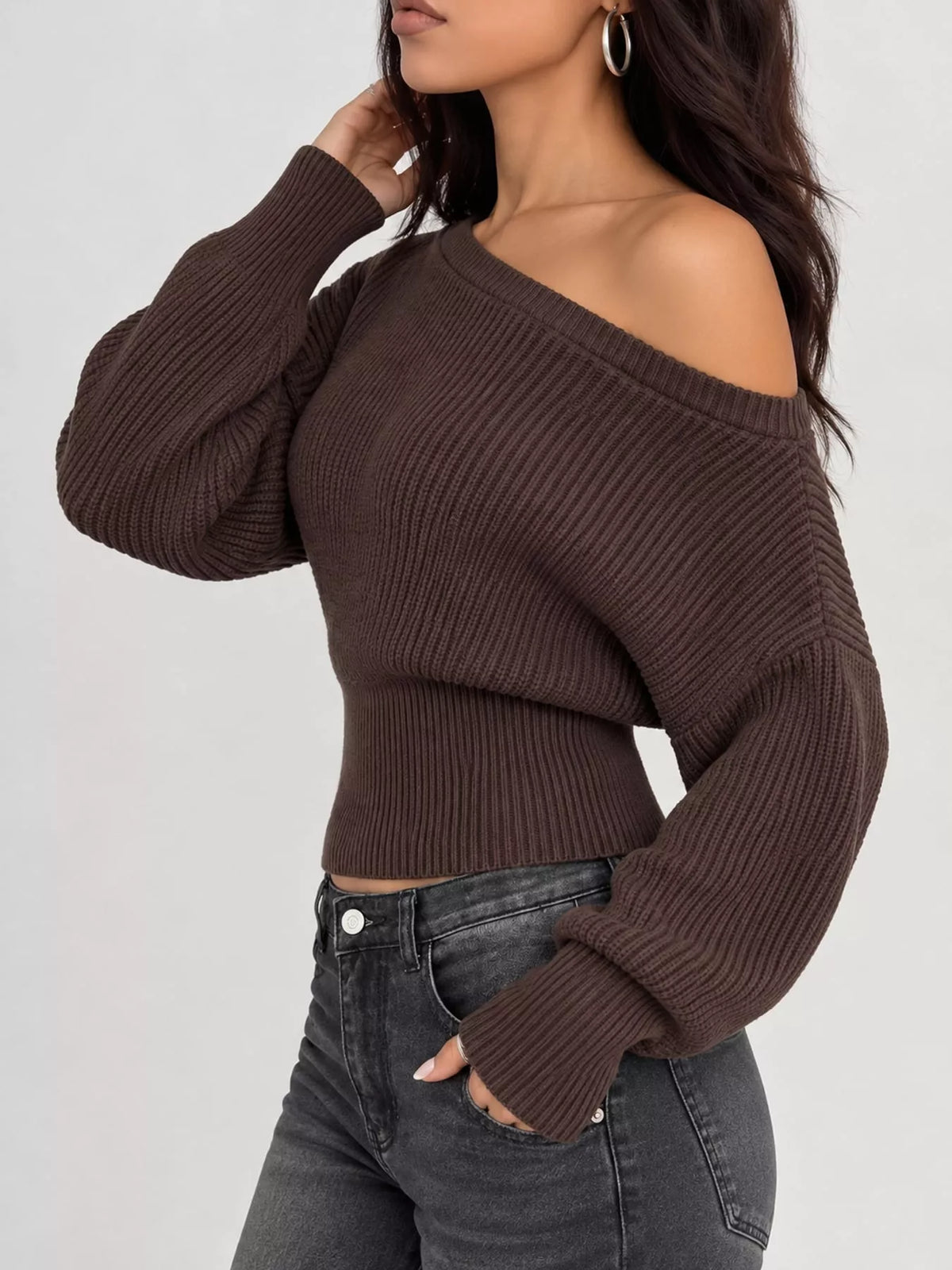 Brown one shoulder ribbed knit sweater