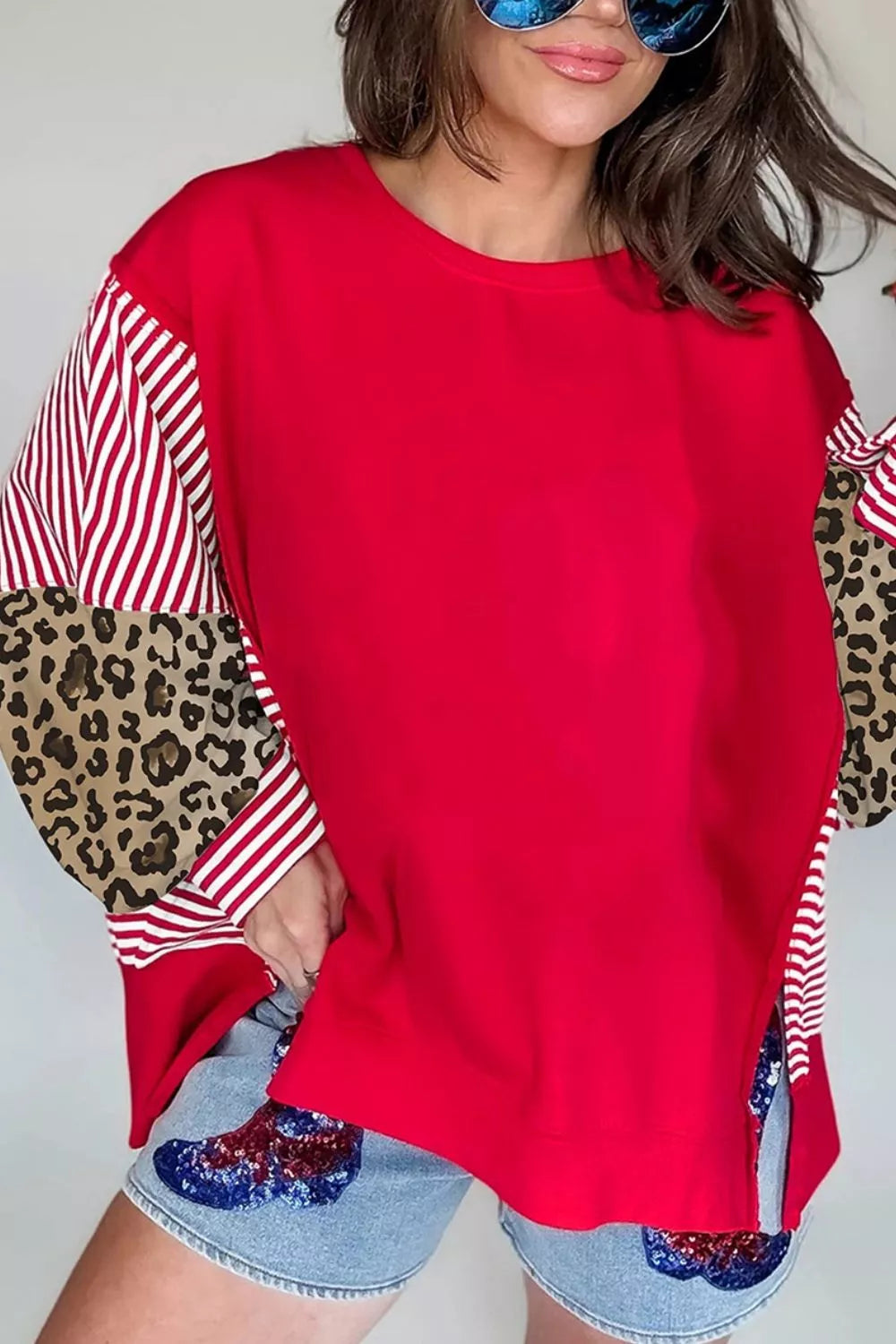 Trendsi Leopard and Striped Patchwork Sleeves Sweatshirt -