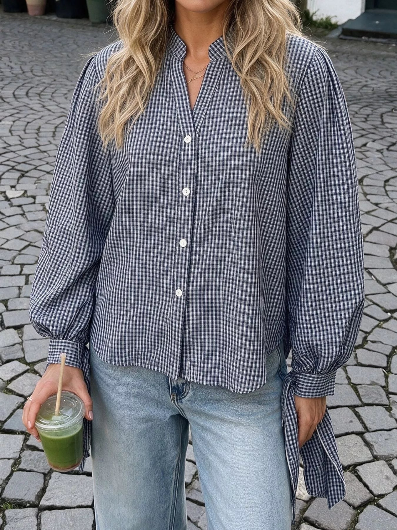 Trendsi Gingham Button Up Shirt with Tie-Sleeve Detail -