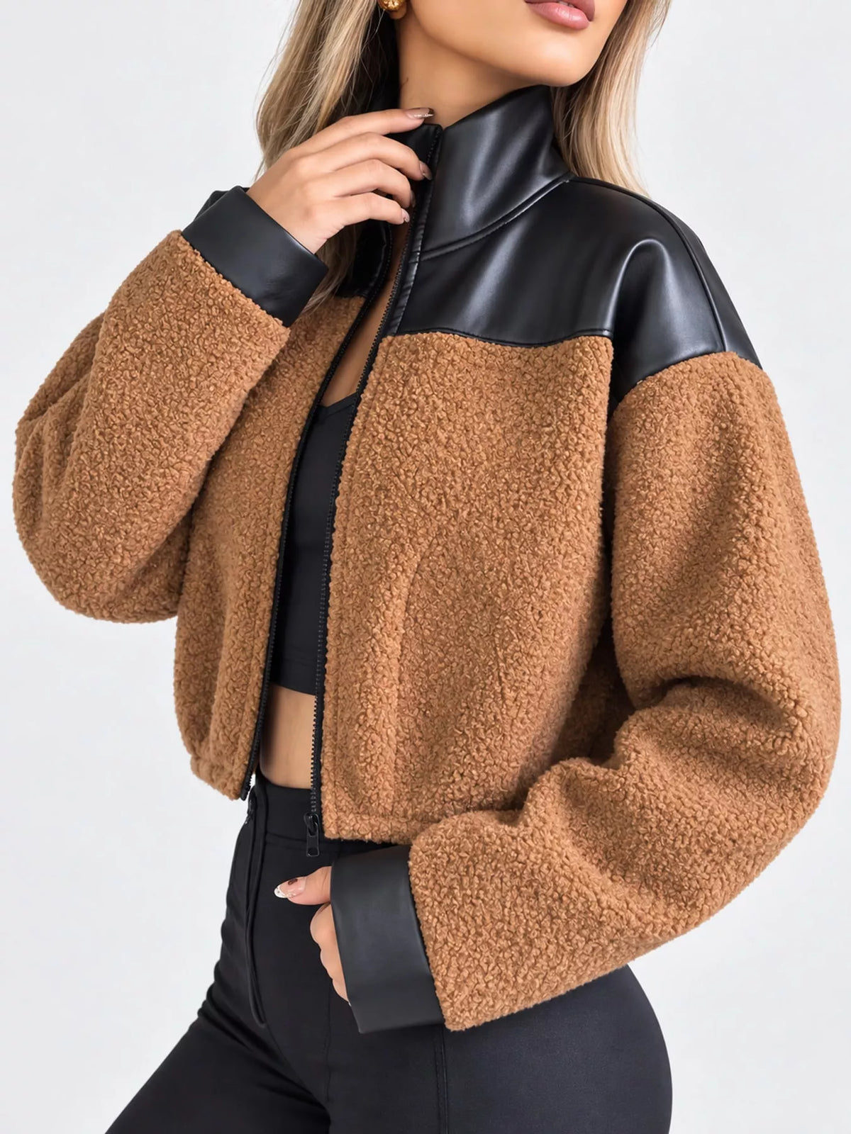 Sherpa-contrast jacket, tan angled front