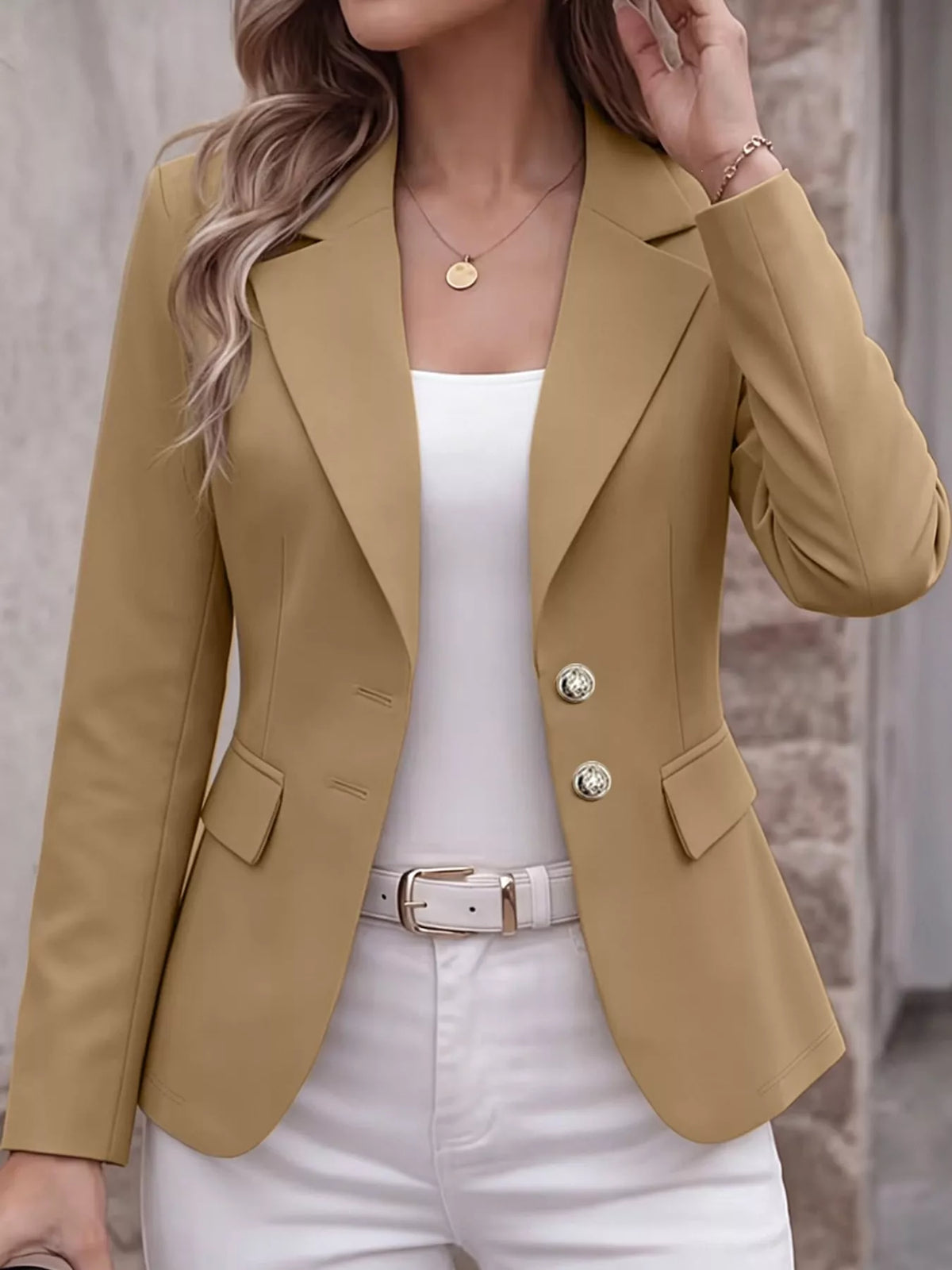 Collared long sleeve blazer, front view on model