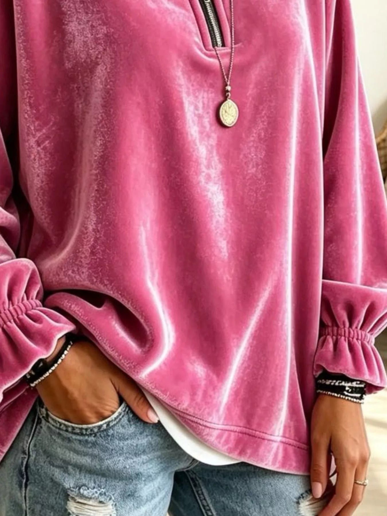 Trendsi Velvet Quarter-Zip Sweatshirt with Ruffled Cuffs -
