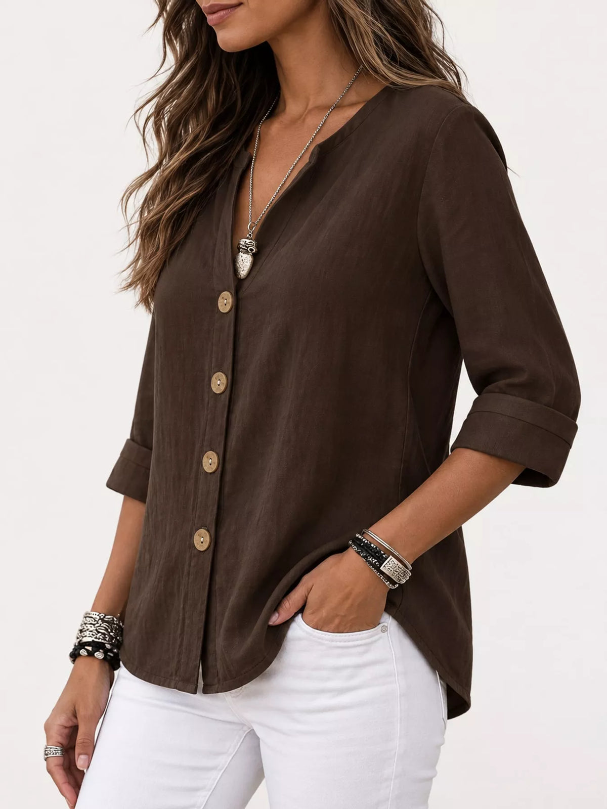 Notched-neck shirt, brown side