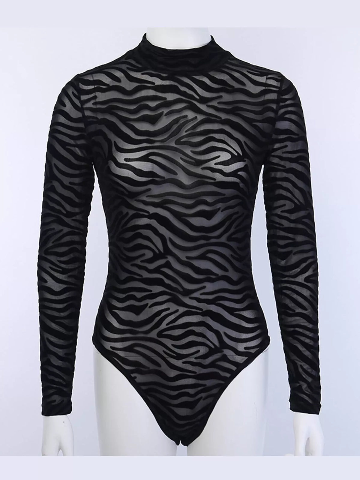 Zebra Print Mock Neck Long Sleeve Bodysuit — garment front