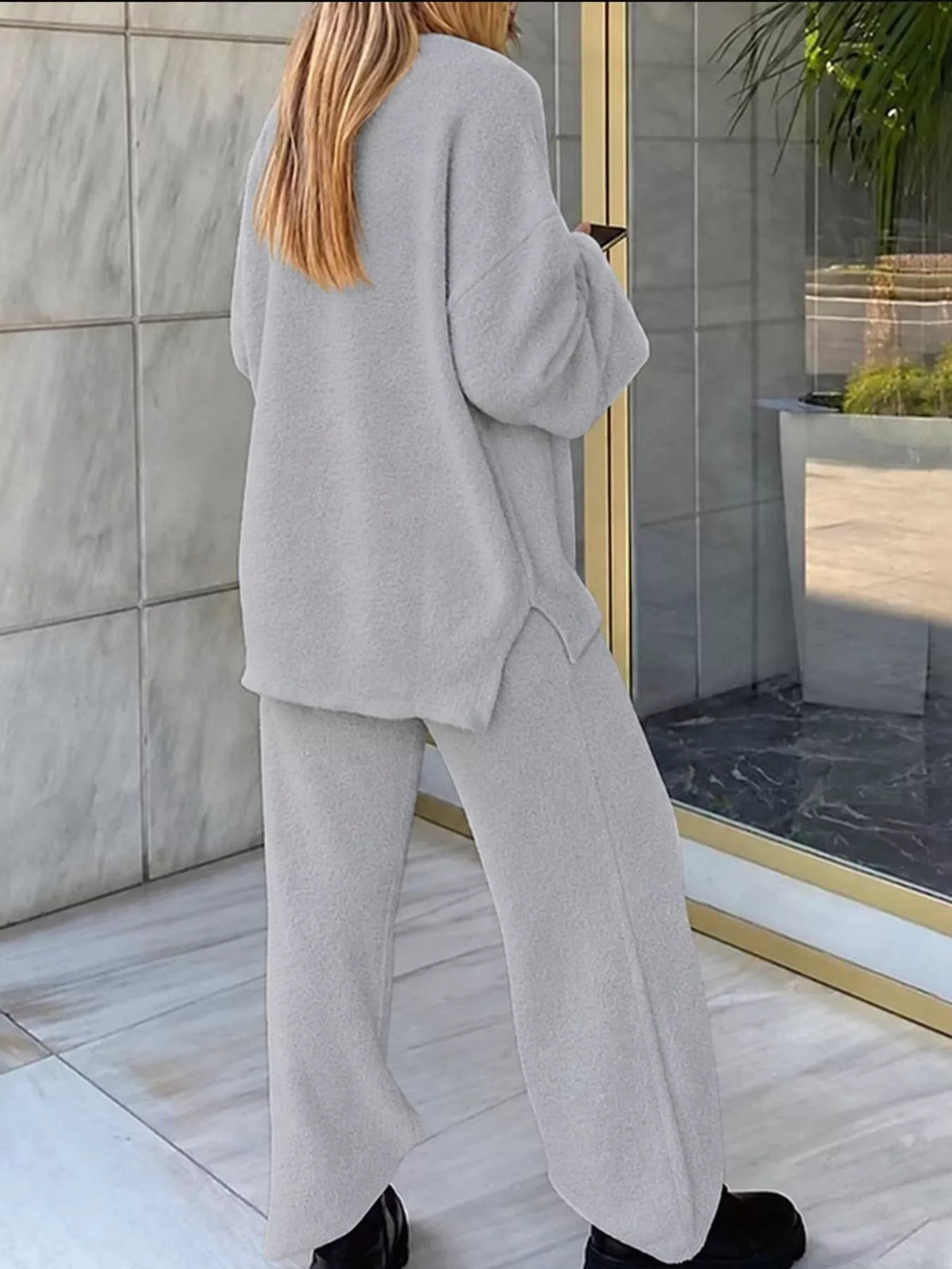 V-Neck Top and Wide Leg Pants Lounge Set, back view in gray