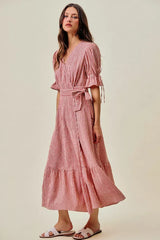 Trendsi SO ME Stripe Textured Short Sleeves Lined Wrap Midi Dres -