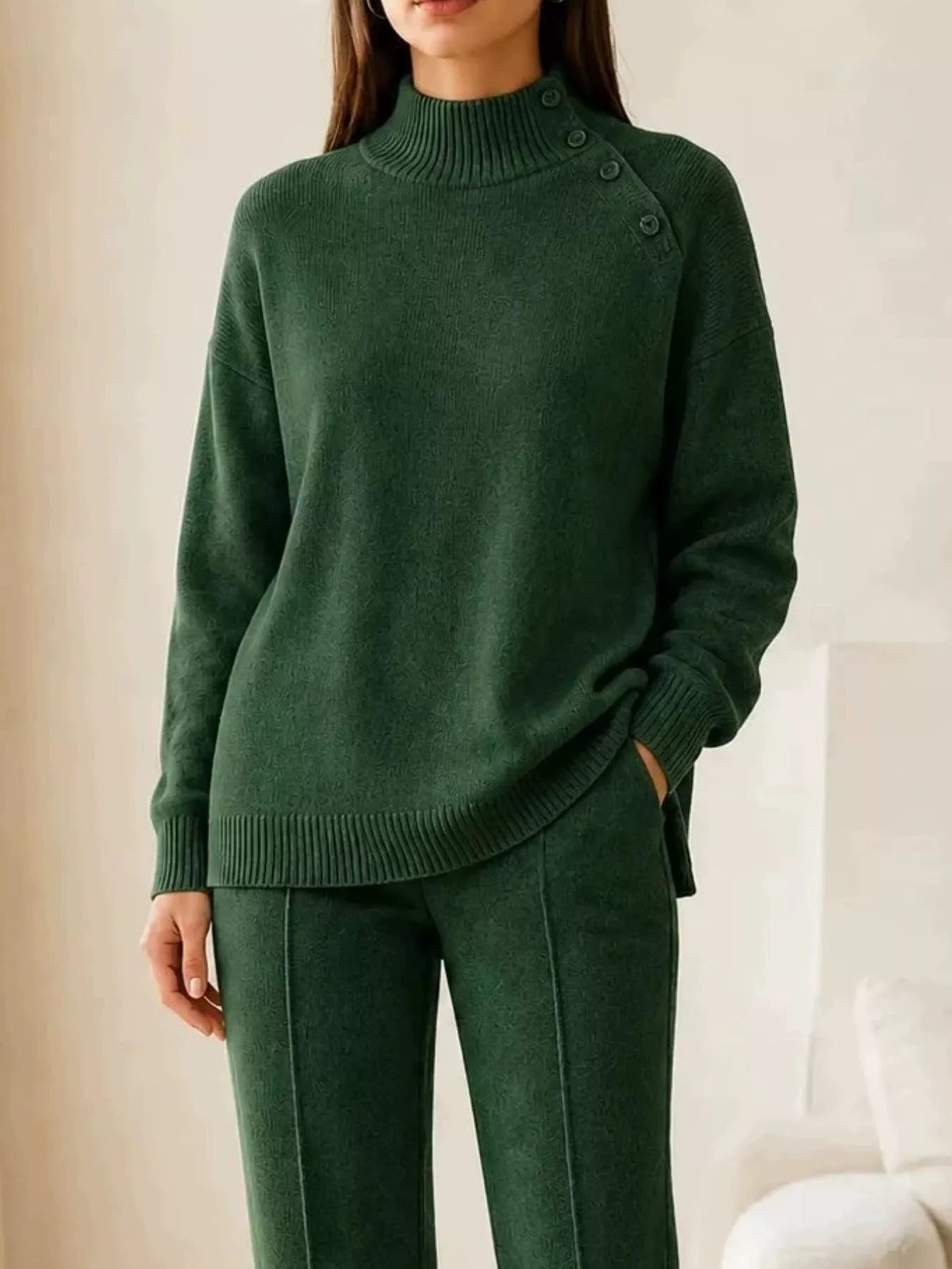 Green mock neck button-detail sweater and pants set — design and construction details