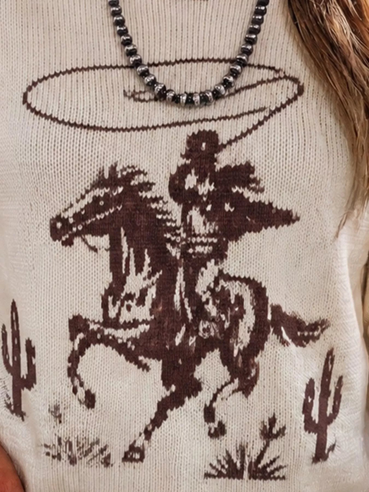 Western Cowboy Graphic Round Neck Sweater in beige, construction detail