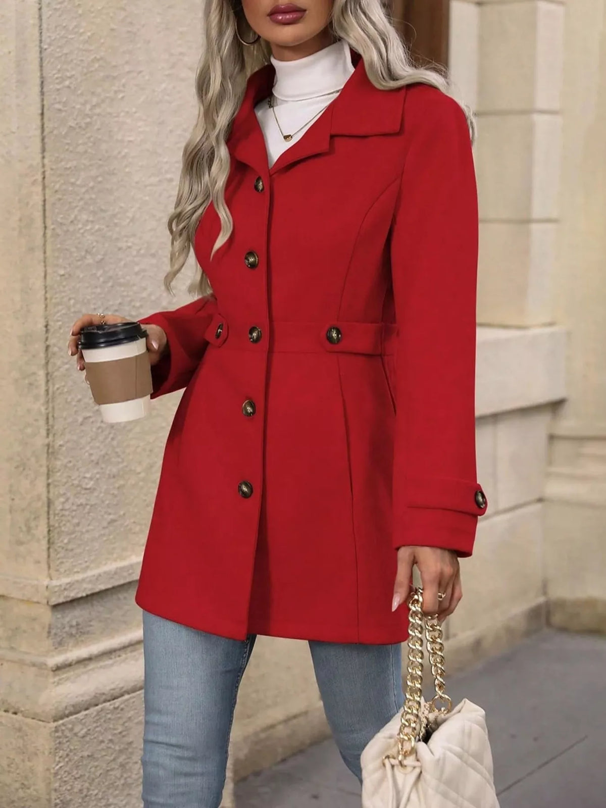 Red single-breasted coat, buttoned front view at an angle