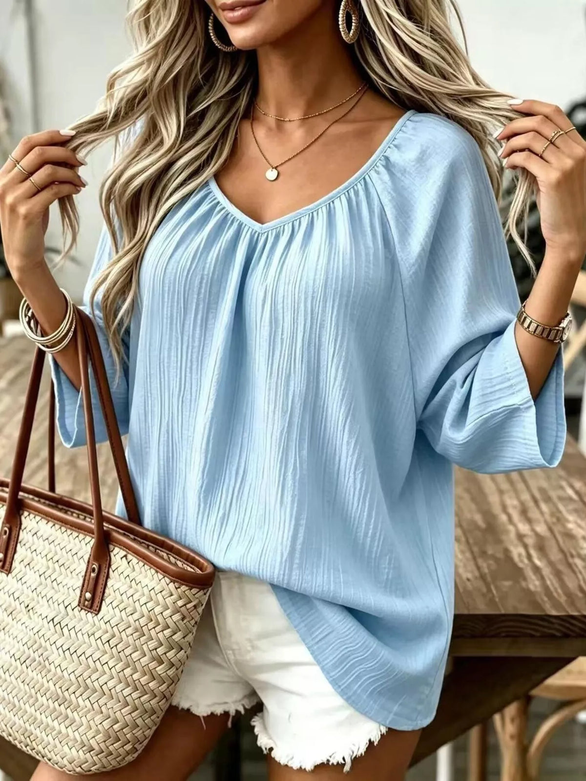 Textured V-Neck Casual T-Shirt, front view