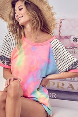 Trendsi BiBi Tie Dye French Terry Top With Stripe Raglan -