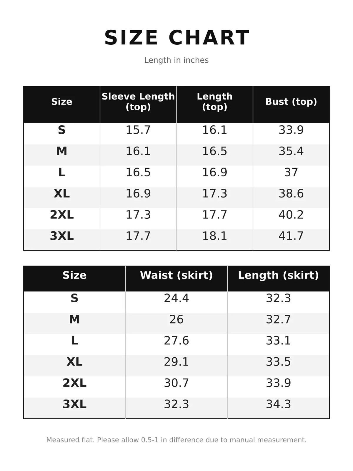 Size chart for off-shoulder top, waist band and skirt set