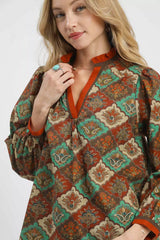 Trendsi Umgee Abstract Print Ruffle Neck Top -