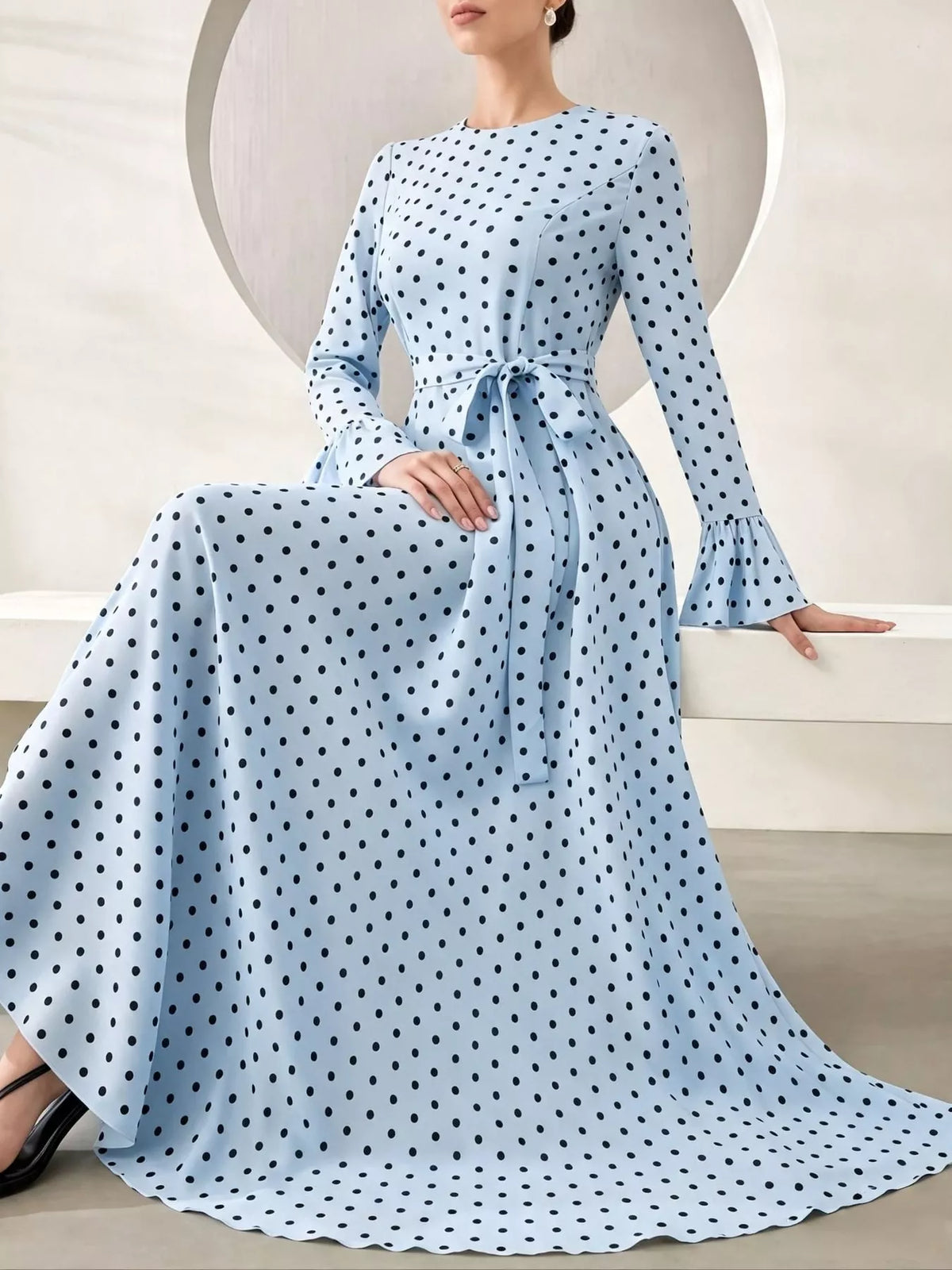 Polka Dot Long Sleeve Maxi Dress with Waist Tie in light blue and black