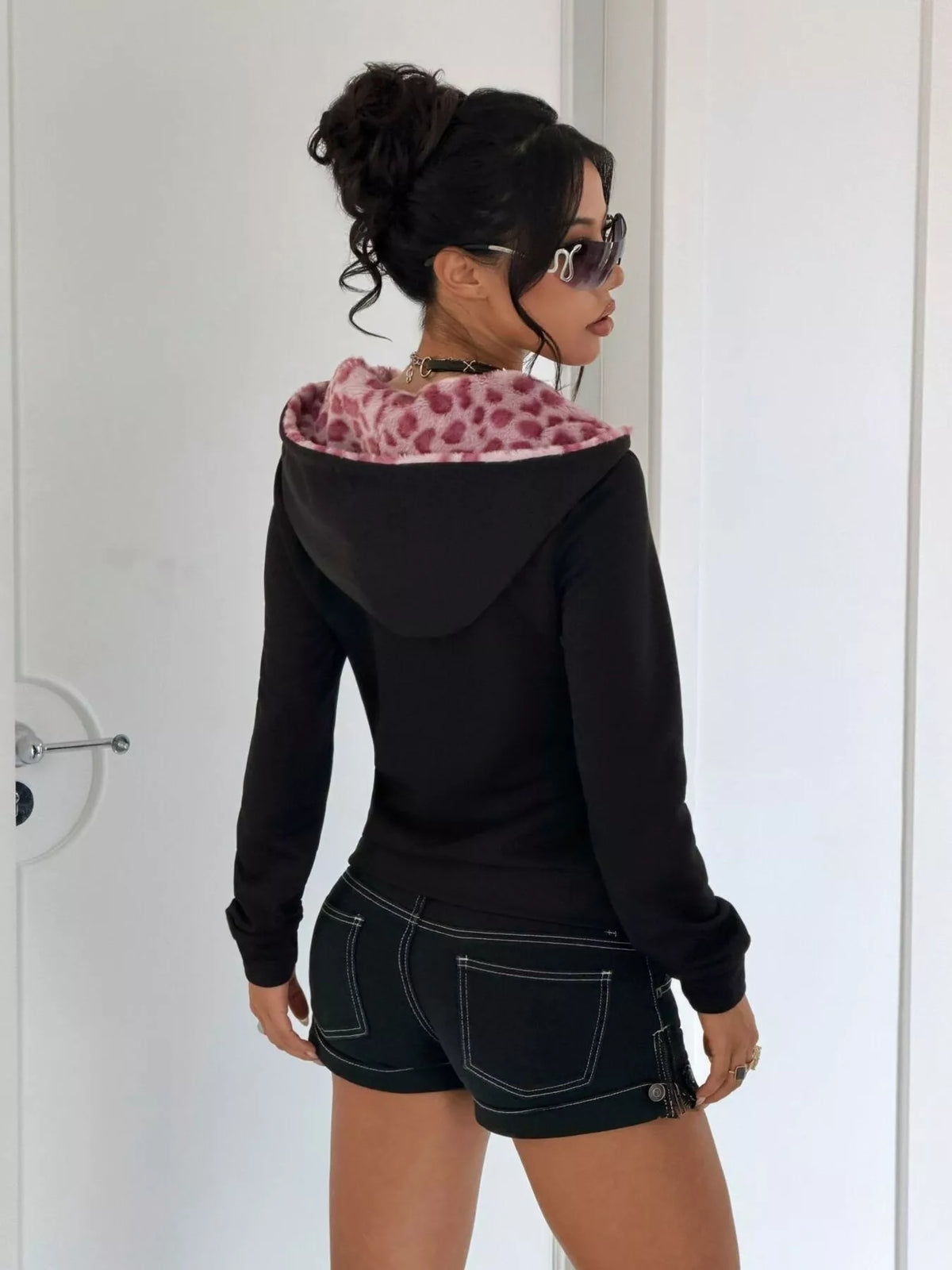 Leopard-trim hoodie, black back