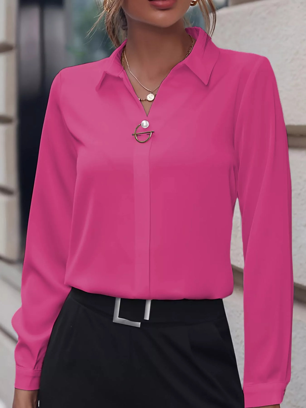 Women's Collared Clasp Detail Long Sleeve Satin Blouse in pink — front view