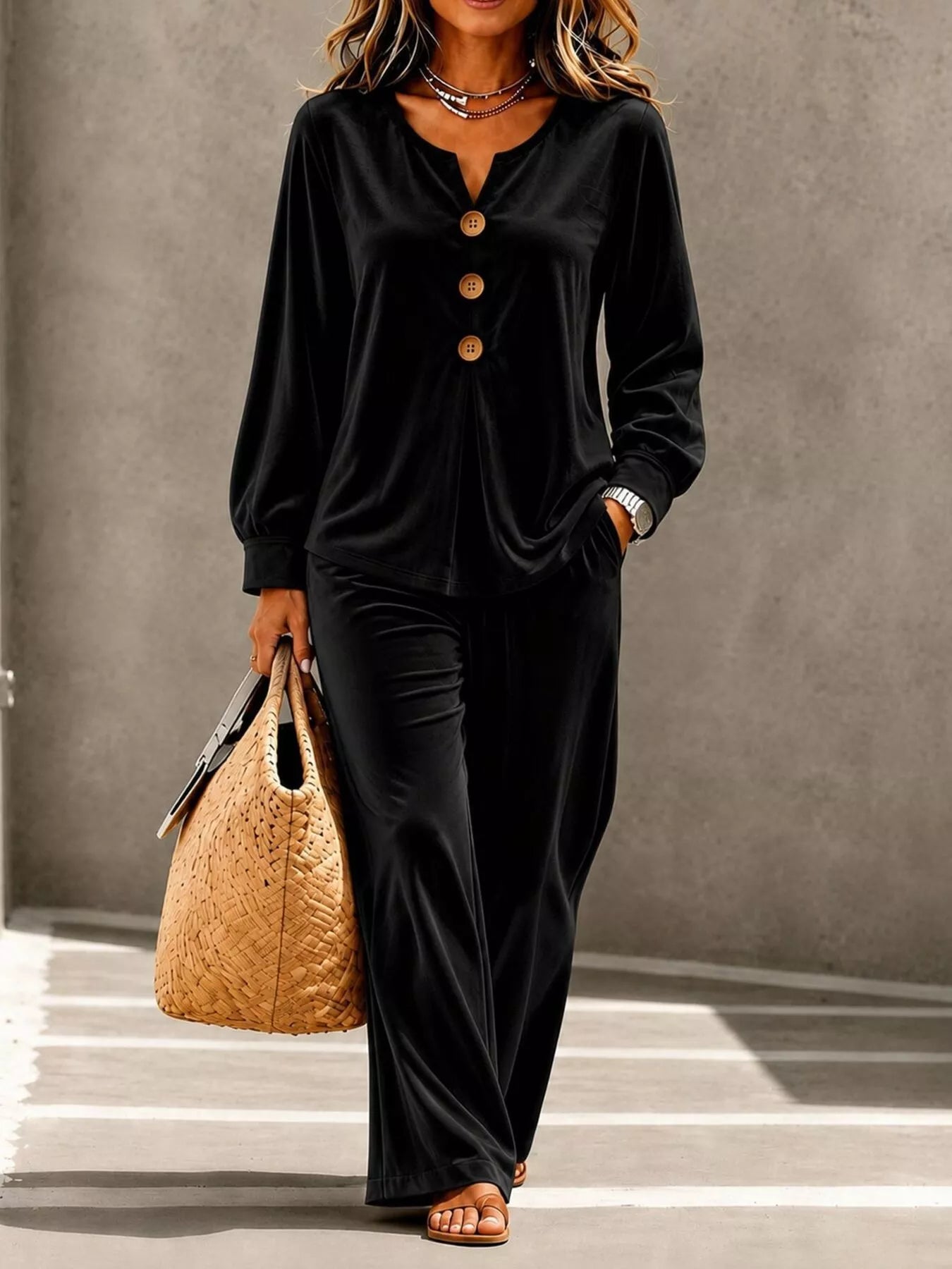Trendsi Elegant Velvet Decor-Button Top and Pants Set -
