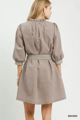 Trendsi Umgee Textured Contrast Trim Tie Waist Mini Dress -