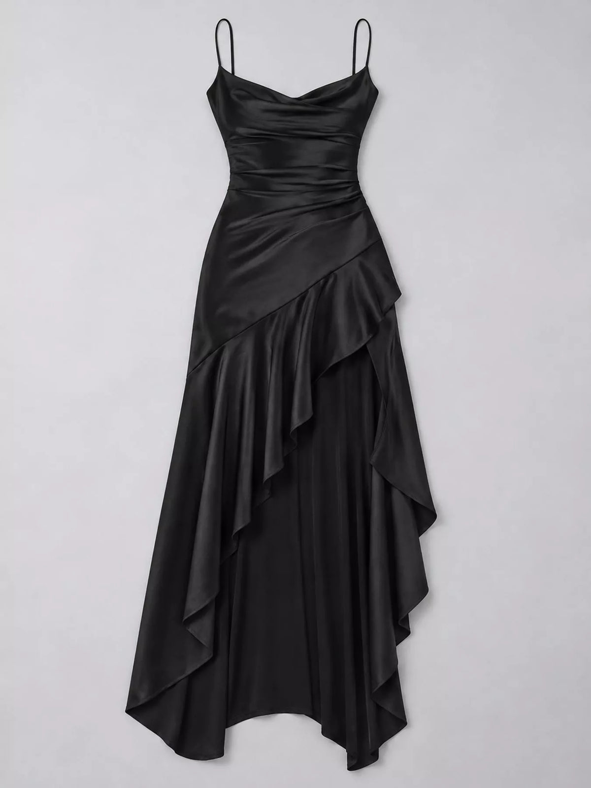 Black high-low ruffle-hem evening dress, product view