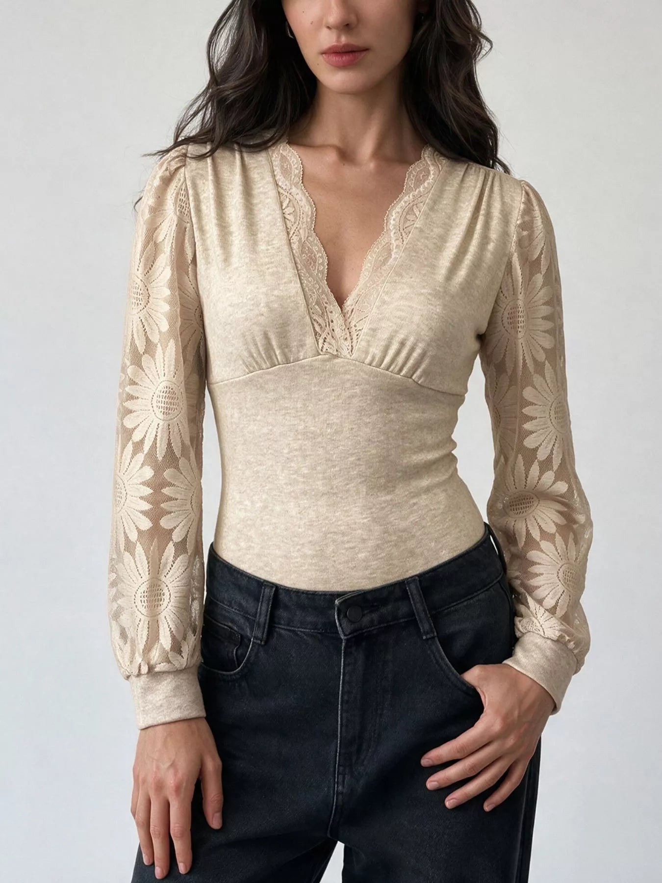 Trendsi V-Neck Lace Trim Floral Mesh Sleeve Bodysuit -