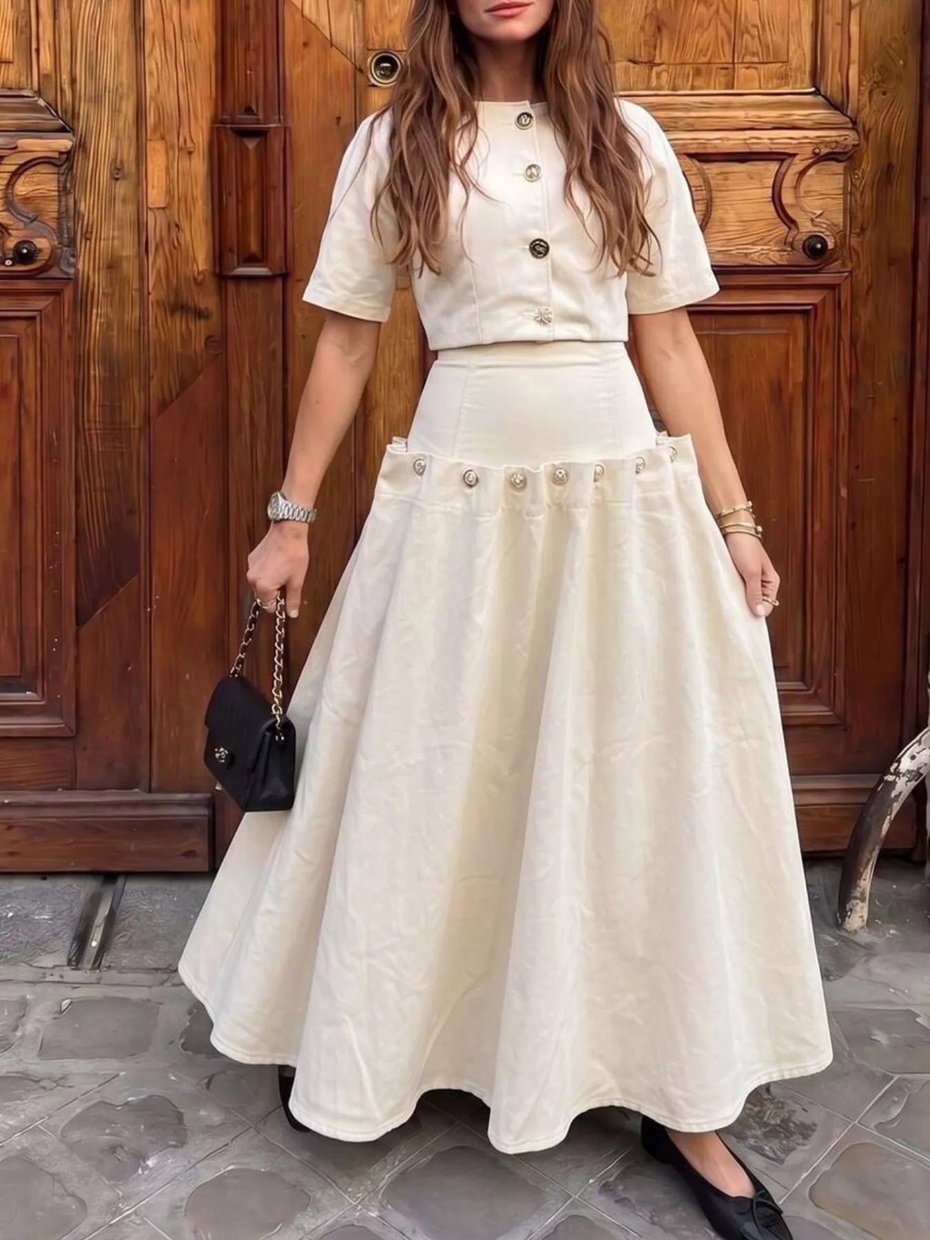 Trendsi Gold Button Top and Skirt Denim Set -