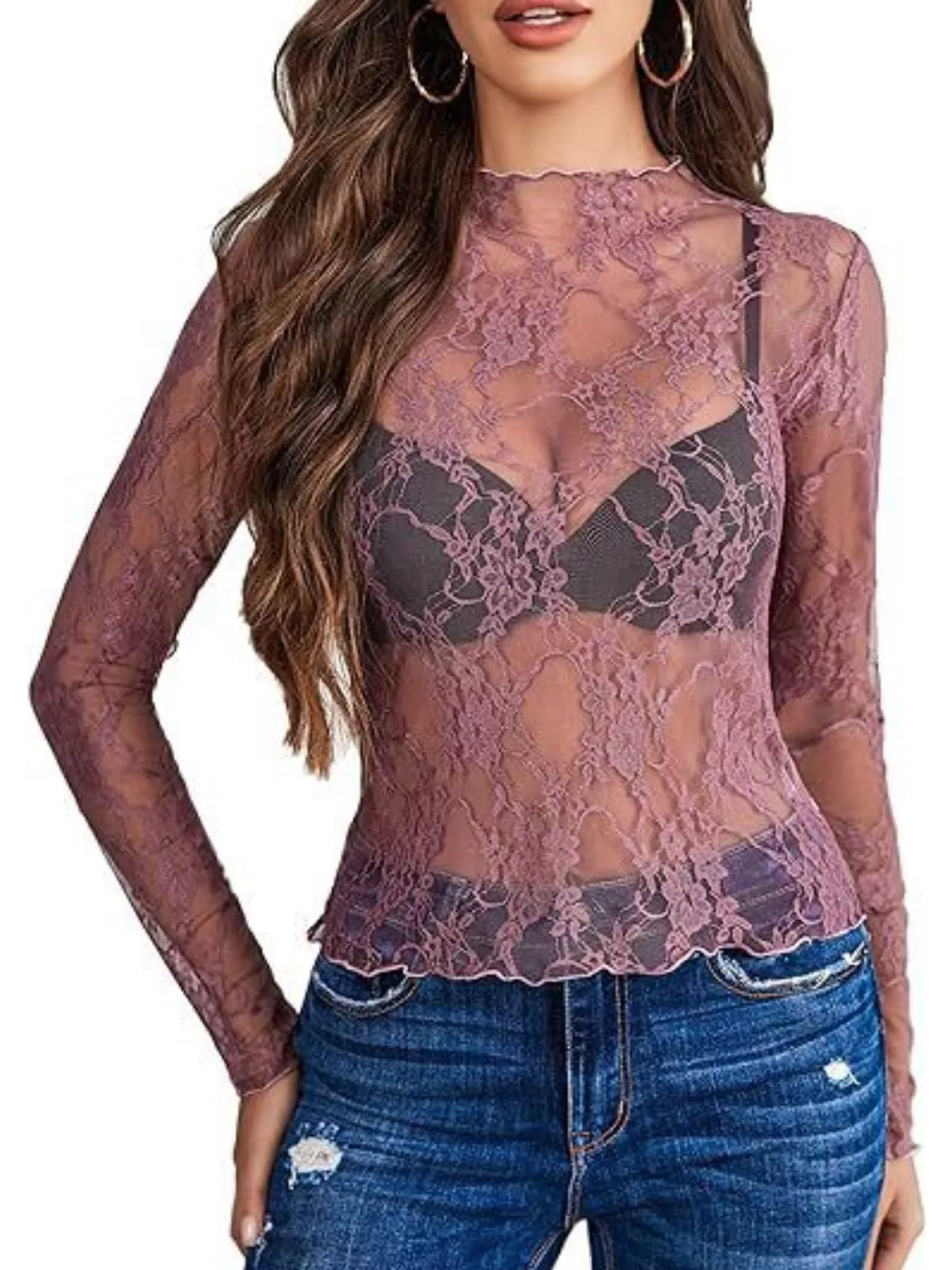 Sheer Floral Lace Long Sleeve Blouse in purple
