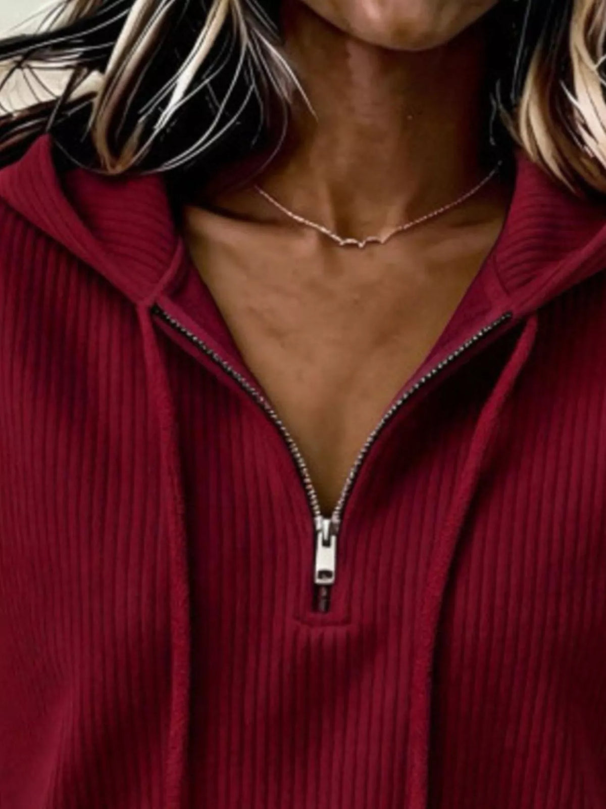Ribbed Knit Quarter-Zip Hoodie, neckline detail