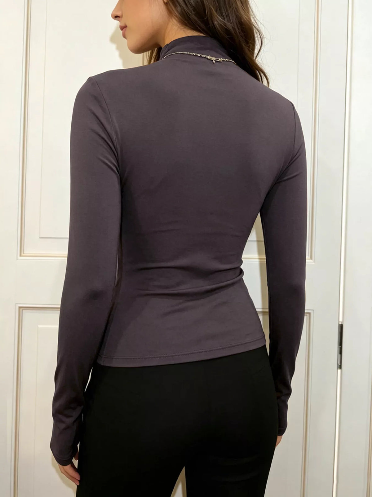 Slim-Fit Mock Neck Long Sleeve T-Shirt in brown, back view