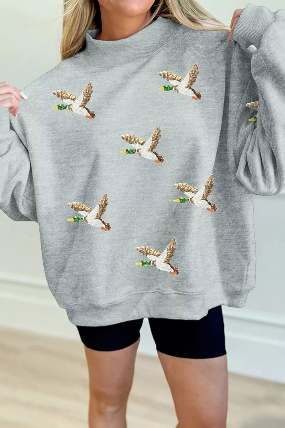 Women's Sequin Mallard Graphic Mock Neck Baggy Pullover Sweatshirt in Gray, front view