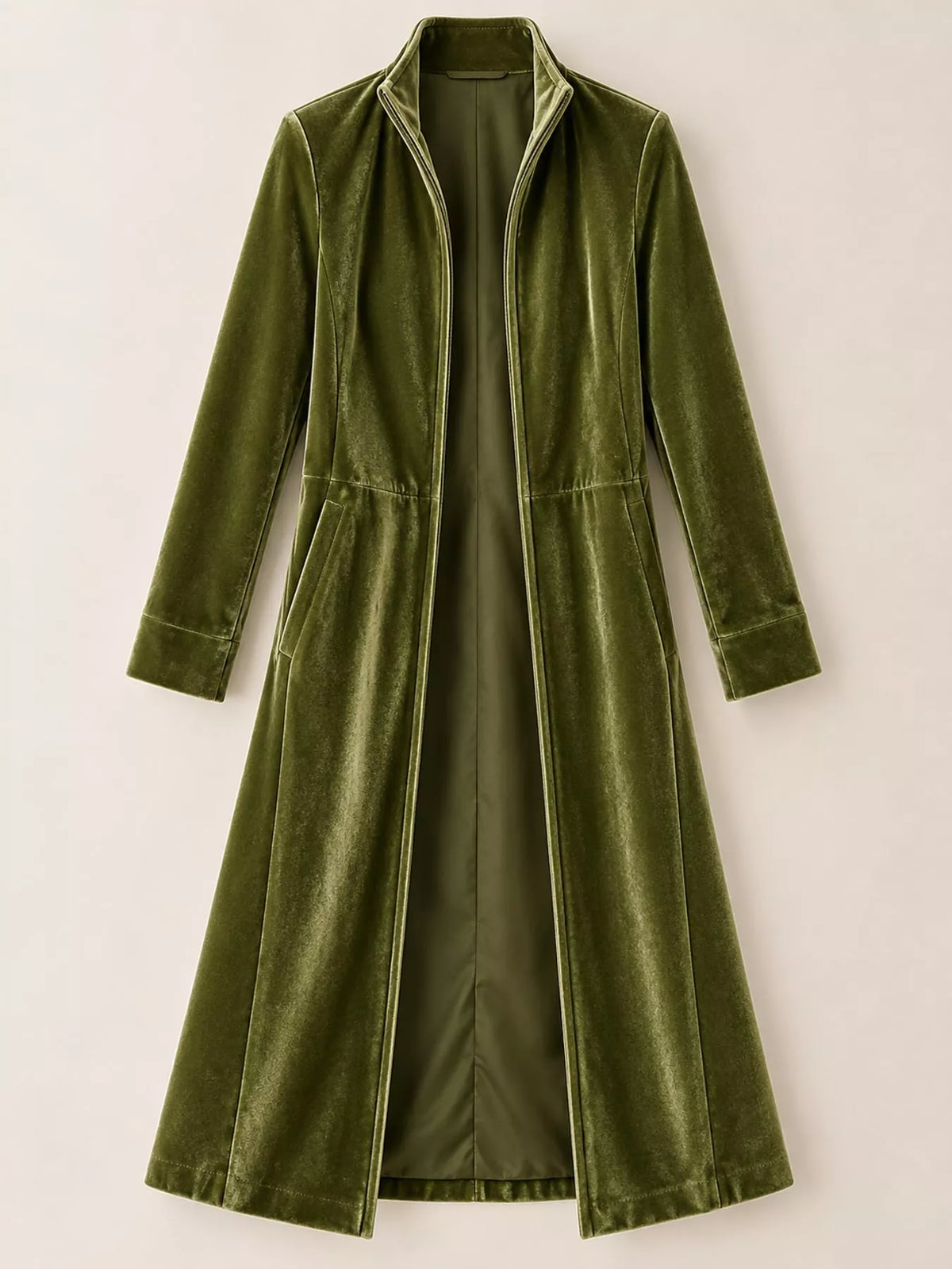 Olive Green velvet zip-up longline jacket