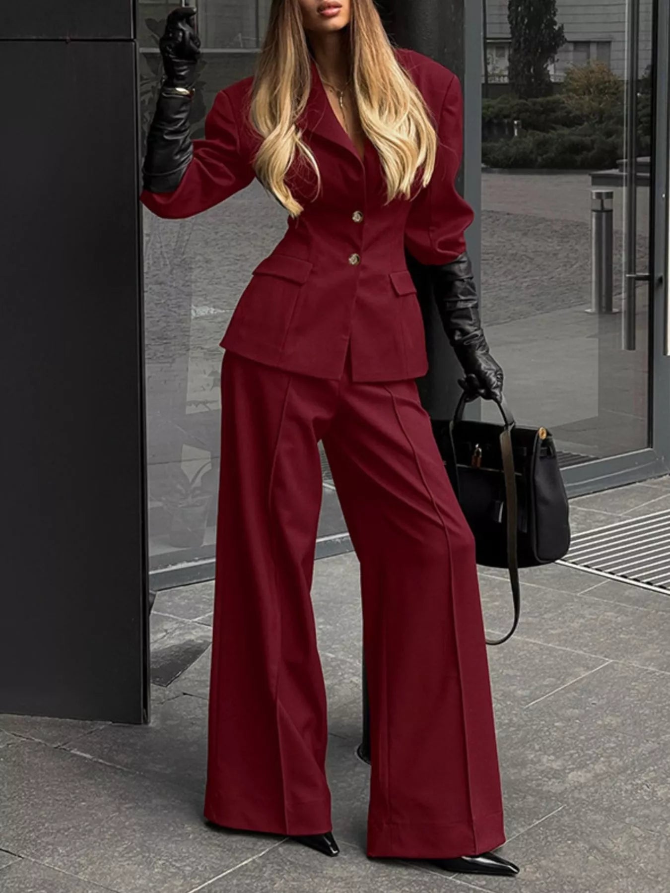 Trendsi Lapel Collar Blazer and Wide-Leg Pants Set -