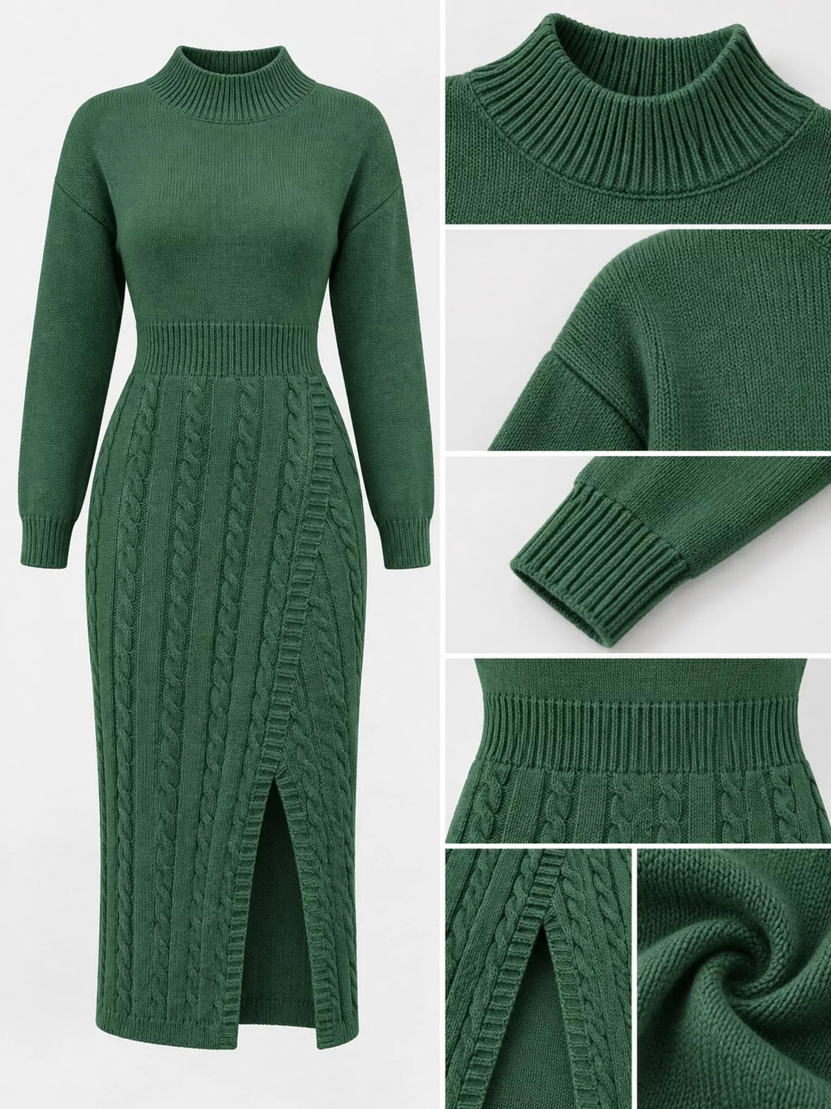 Women's Mock Neck Cable Knit Sweater Dress with Front Slit in green — detail collage view