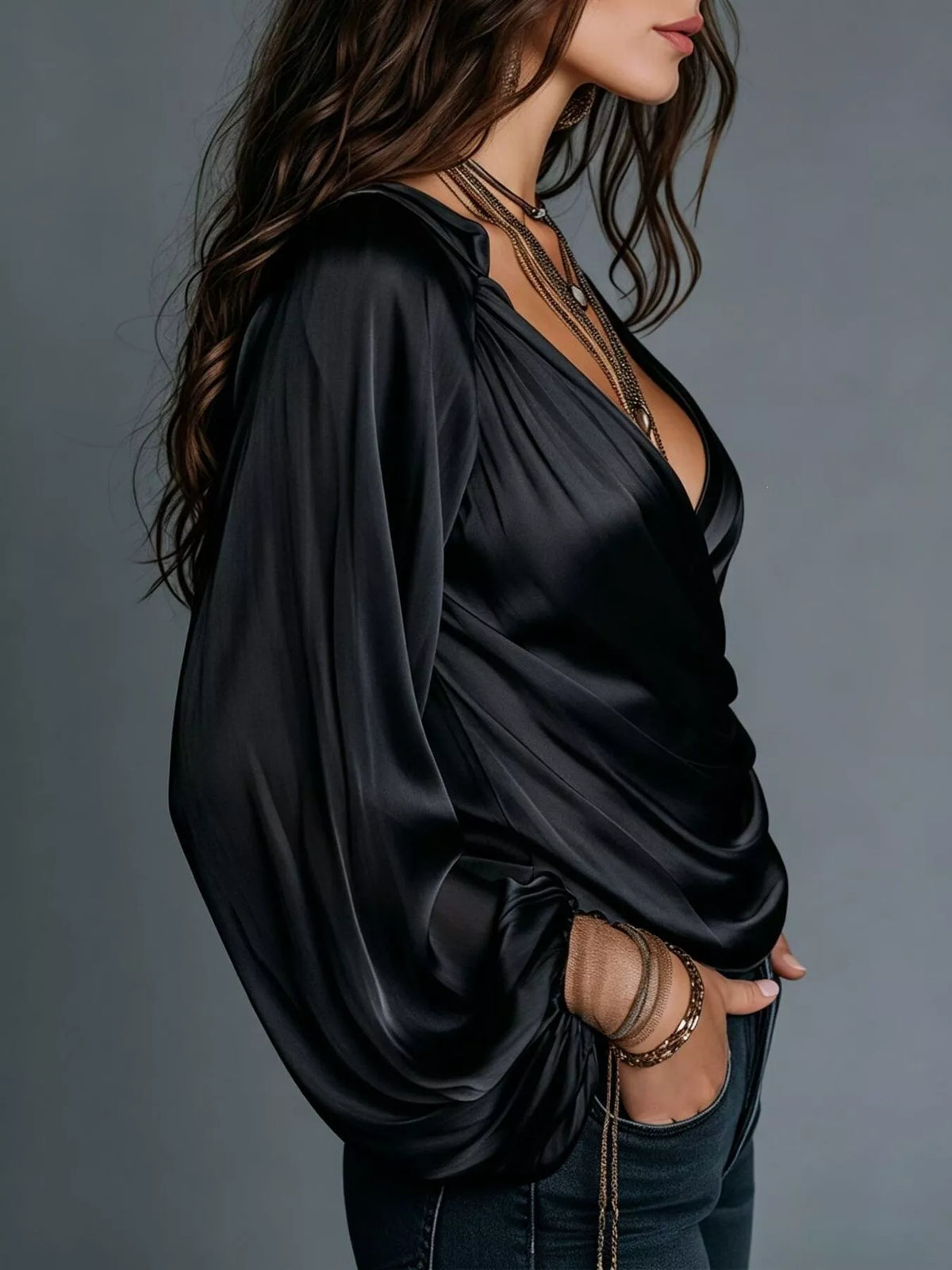 Satin blouse, black side