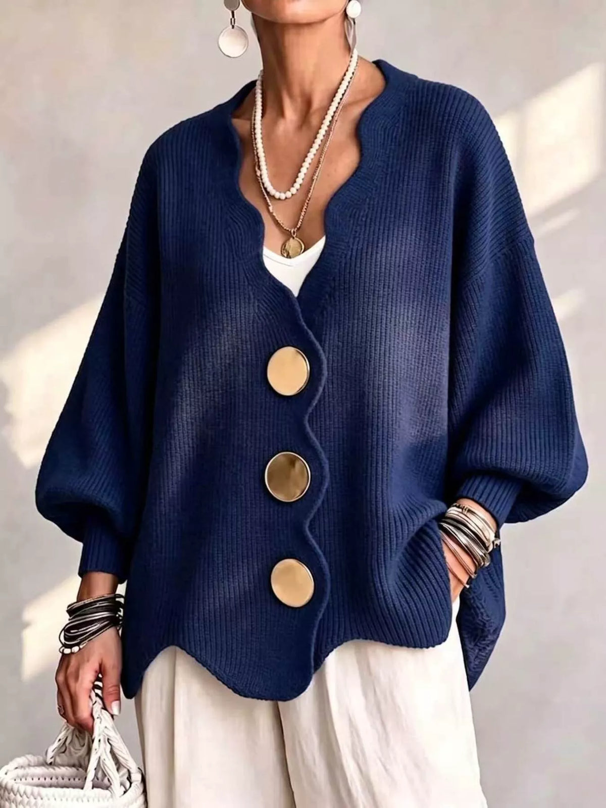 Women's Scalloped-Edge Oversized Button-Down Cardigan in Navy, front view