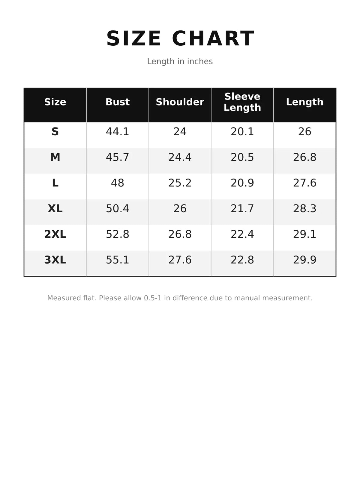 Zip-up hoodie, size chart