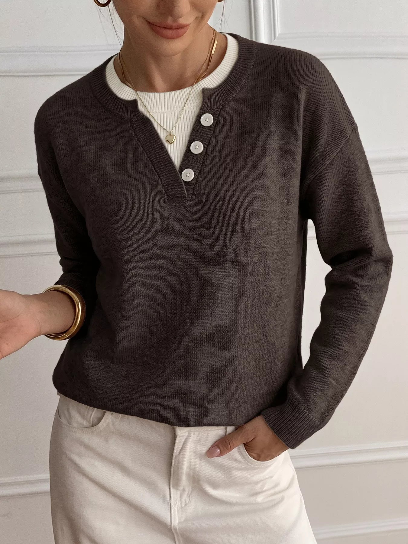Trendsi Decor Button-Placket Ribbed Knit Sweater -