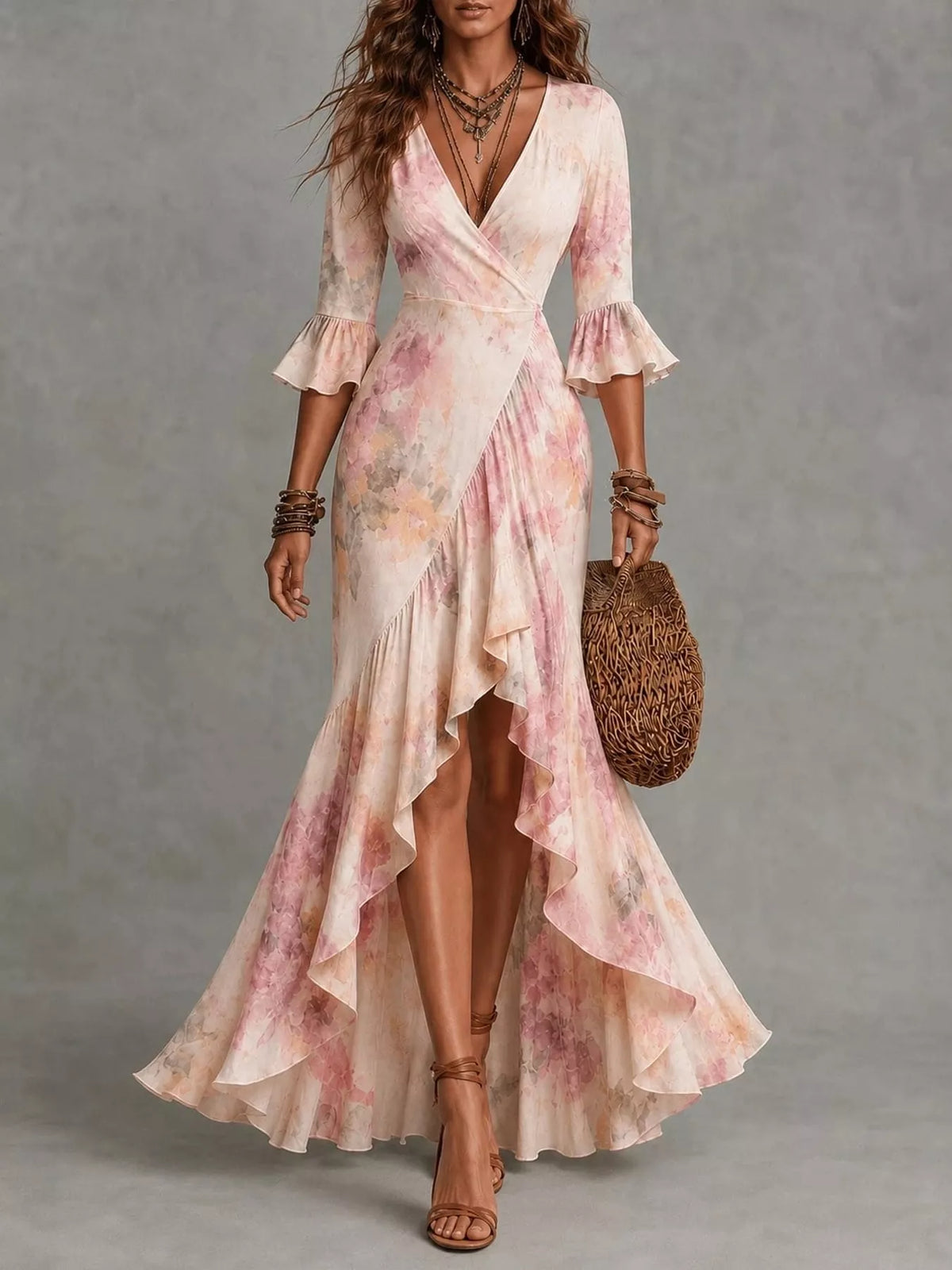 High-low maxi dress, pink floral front