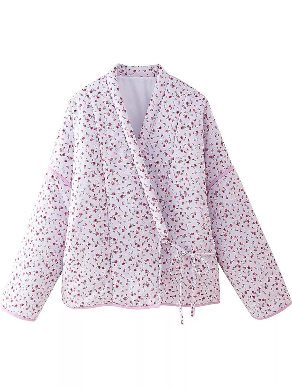 Floral Quilted Wrap Jacket with Tie-Front Detail — garment front