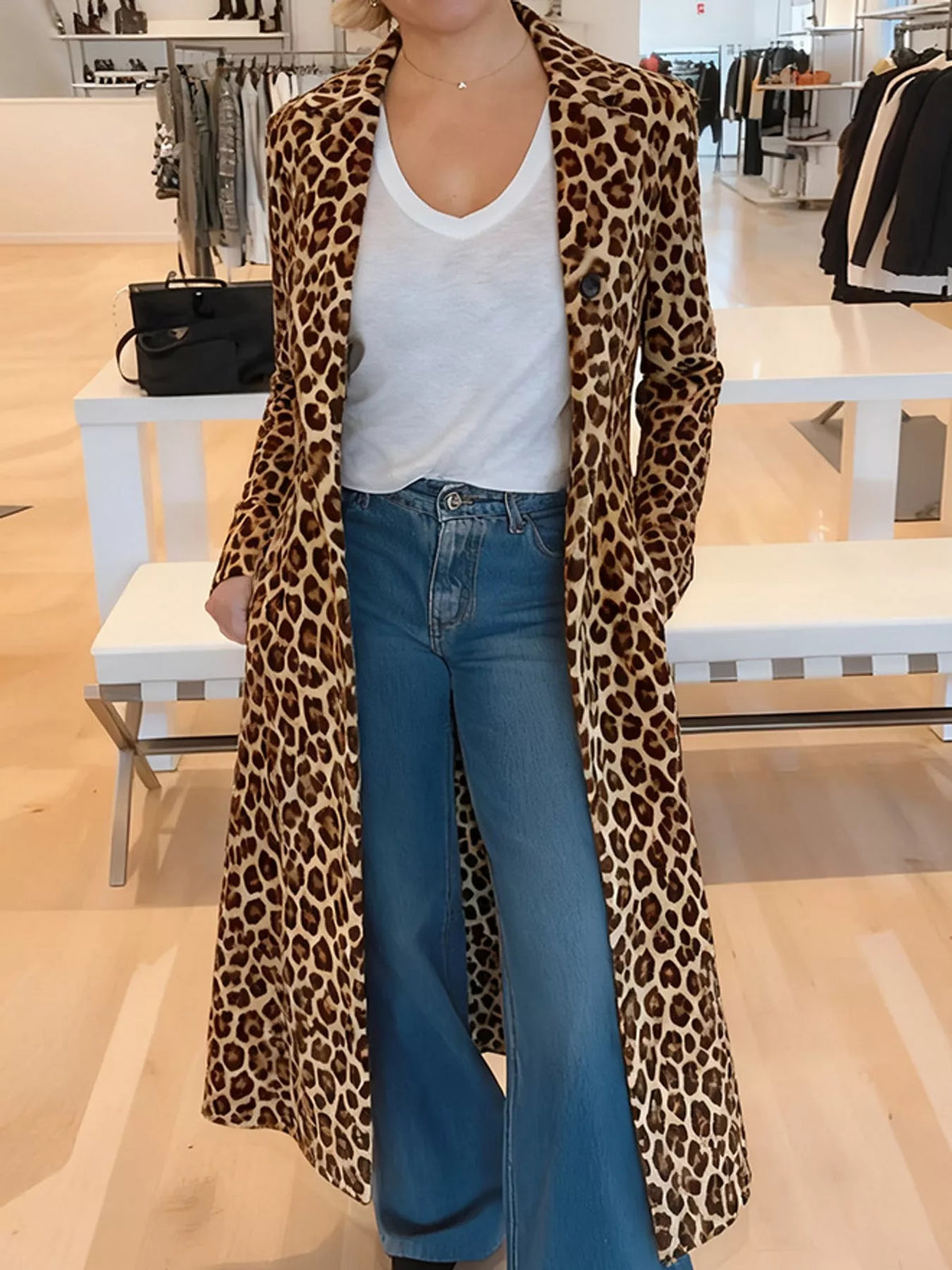 Brown and black leopard-print longline trench coat