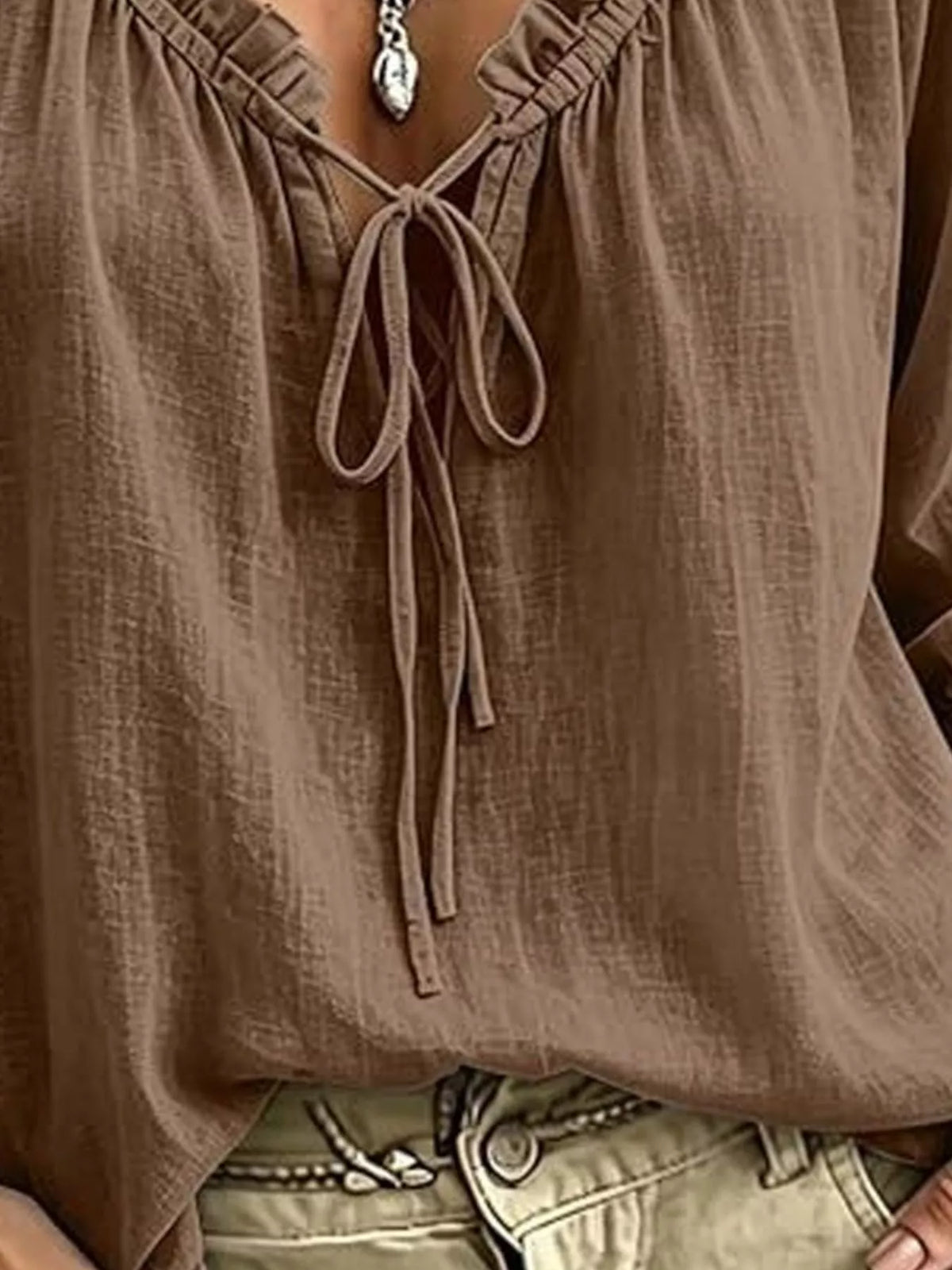 Trendsi Frill Tie Neck 3/4 Sleeve Blouse -