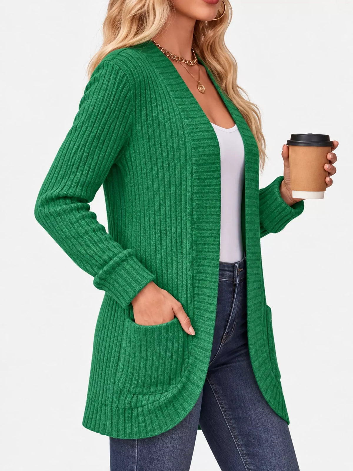 Green ribbed open-front longline cardigan